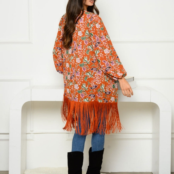 SALE! 002. 3/4 SLEEVE OPEN FRONT FRINGE FLORAL KIMONO - Picture 3 of 3